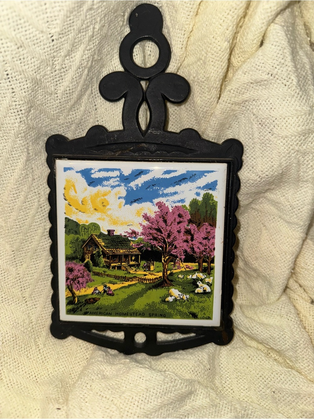 Black cast iron Framed Ceramic Tile Wall Art - Spring Pastoral Scene